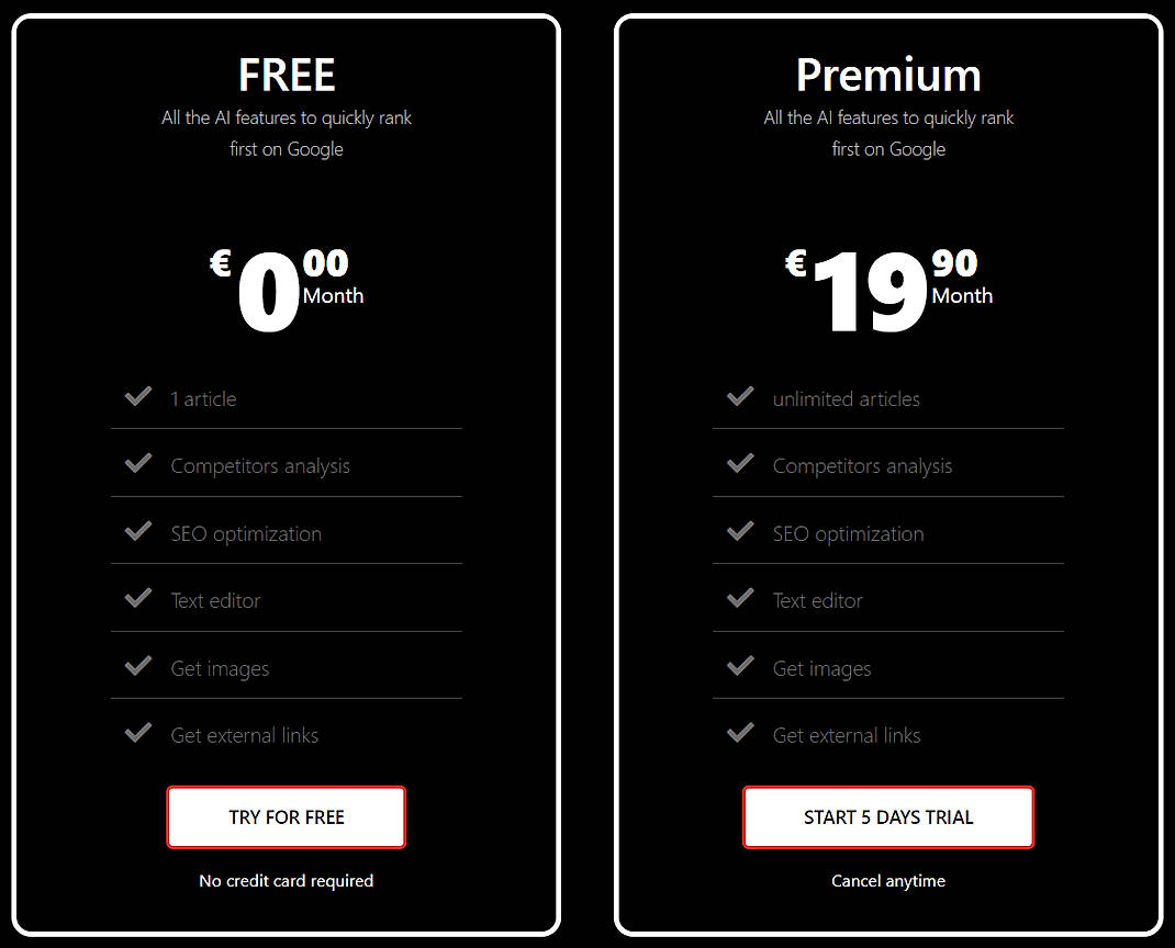 Pricing screenshot