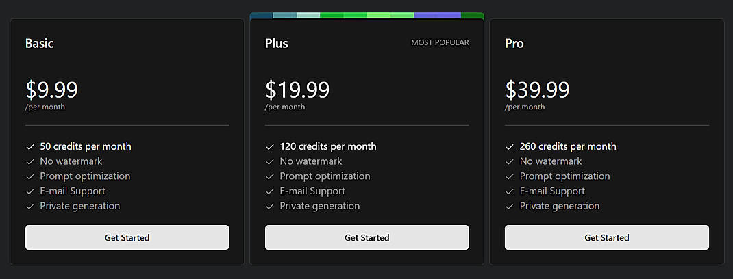 Pricing screenshot