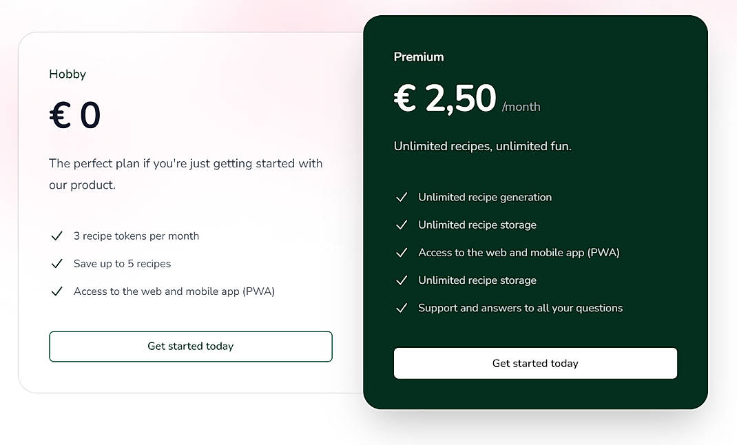 Pricing screenshot