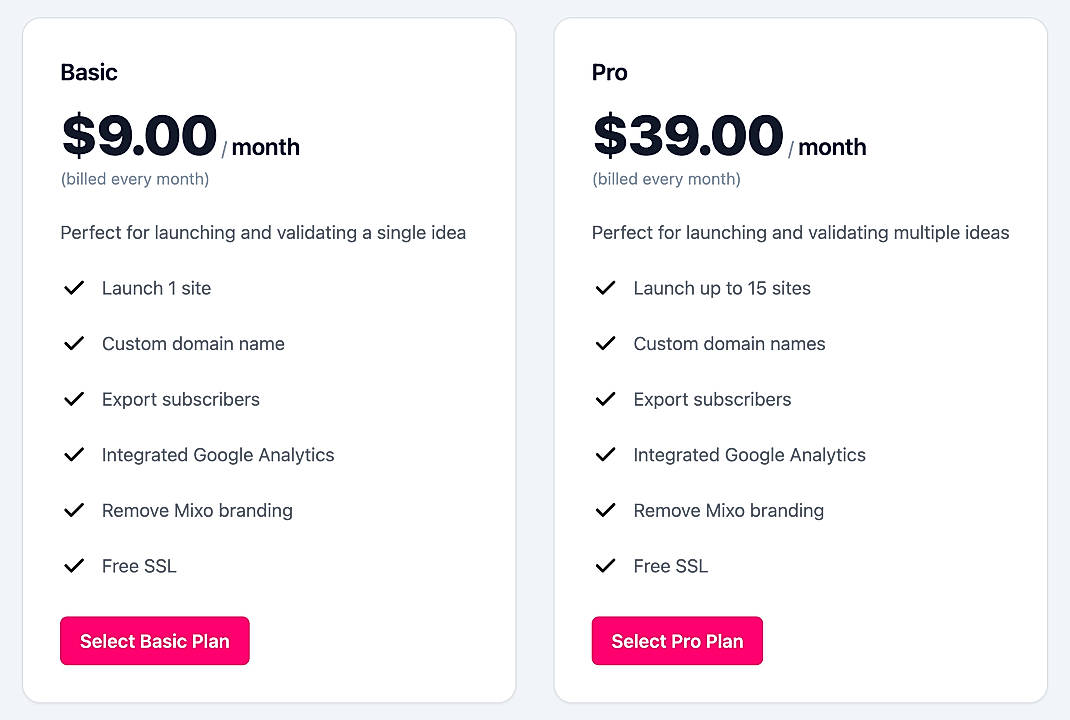 Pricing screenshot