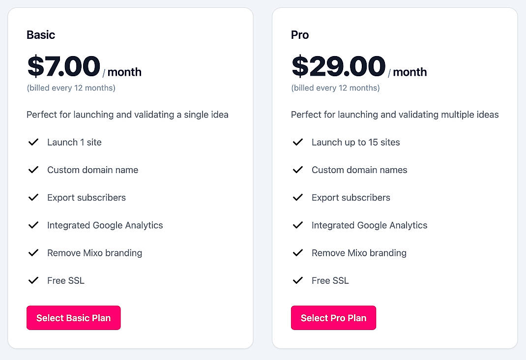 Pricing screenshot
