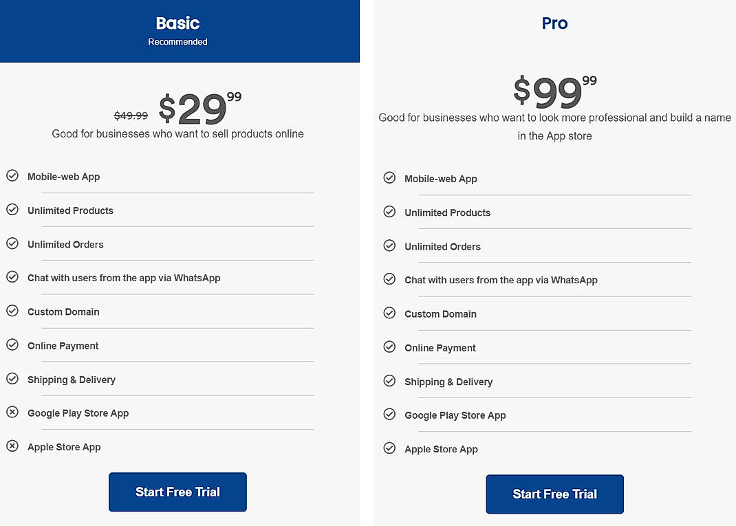 Pricing screenshot