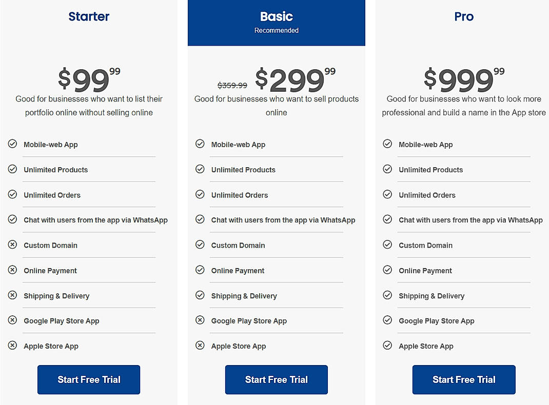 Pricing screenshot