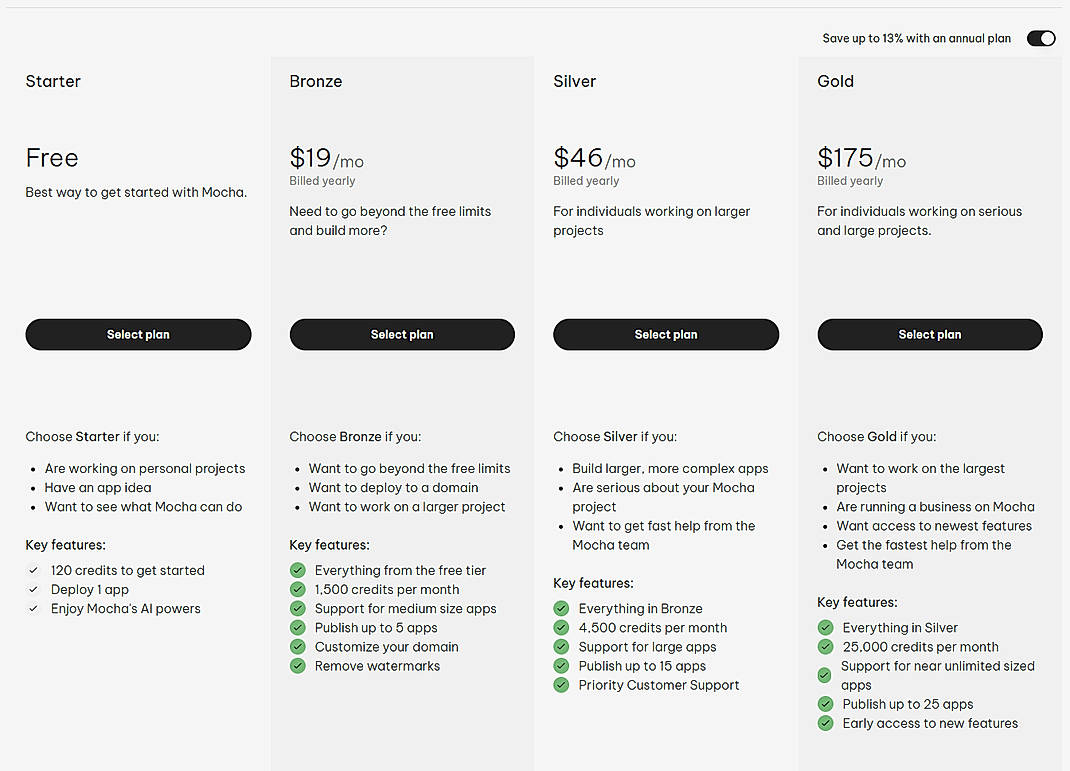 Pricing screenshot