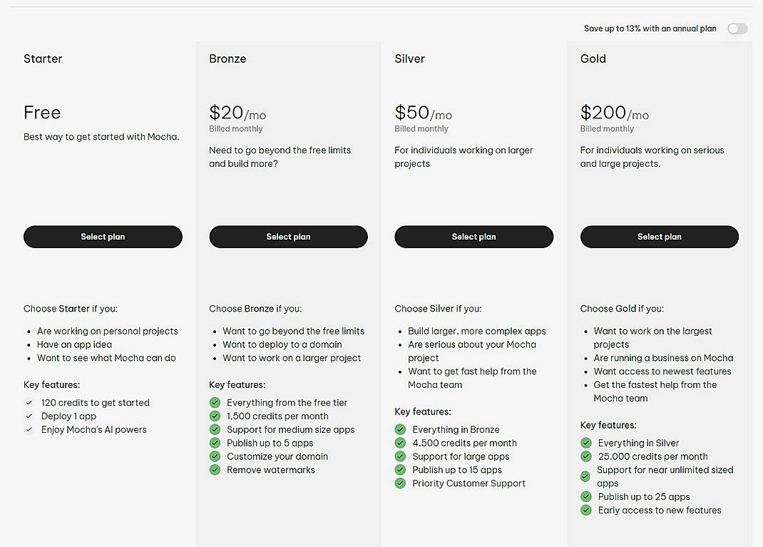 Pricing screenshot