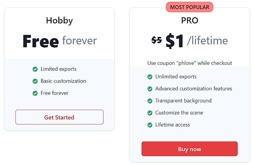 Pricing screenshot