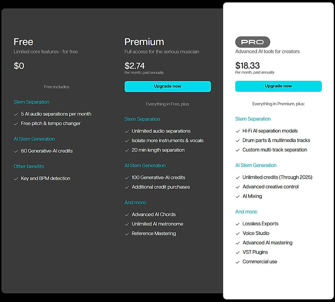 Pricing screenshot