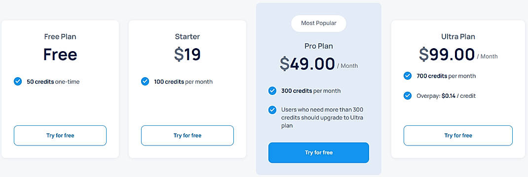 Pricing screenshot