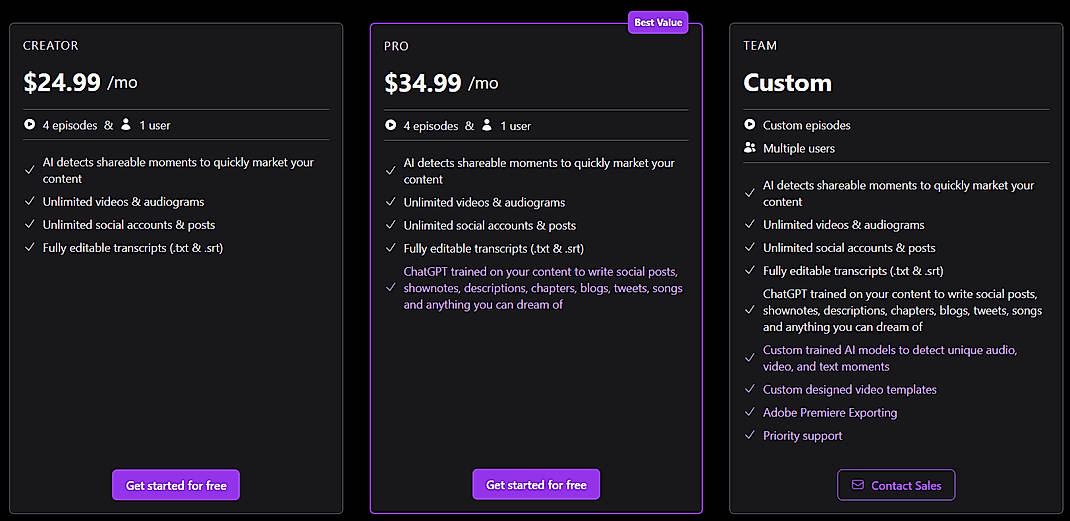 Pricing screenshot