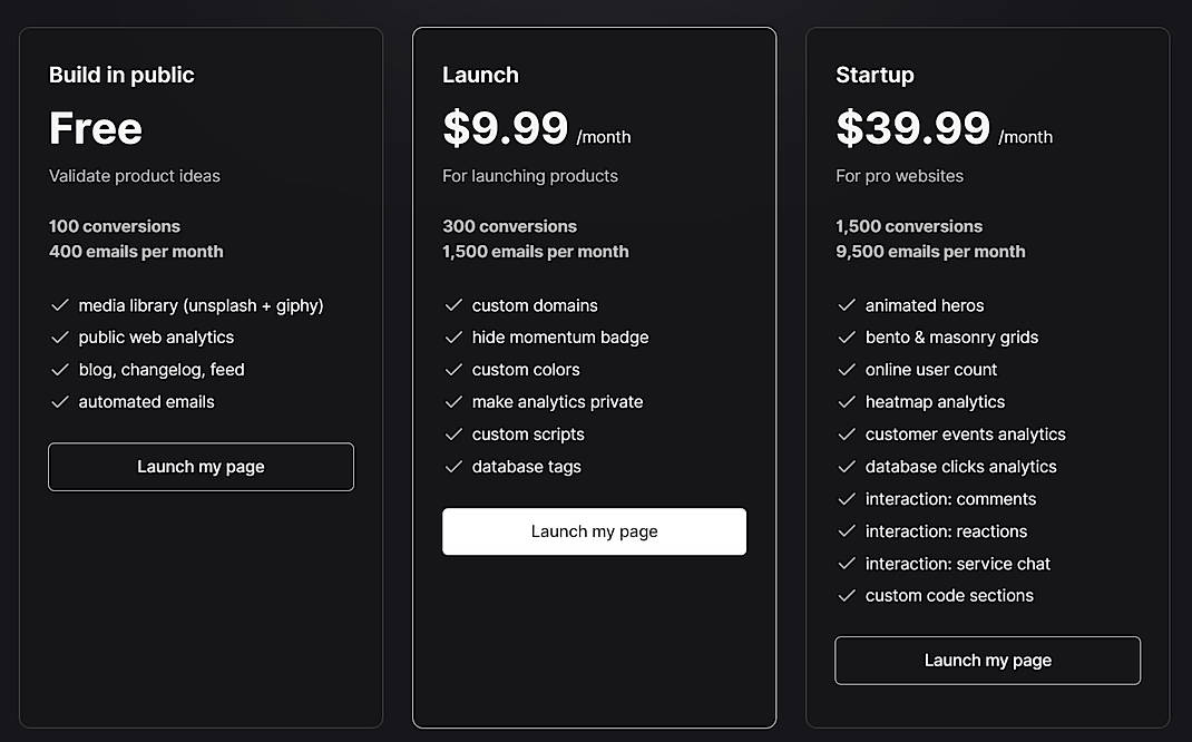 Pricing screenshot