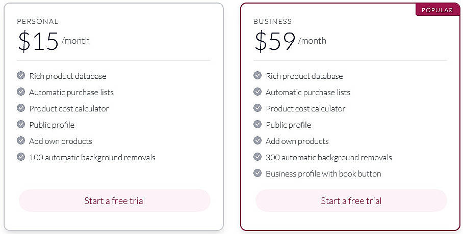 Pricing screenshot