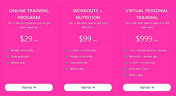 Pricing screenshot