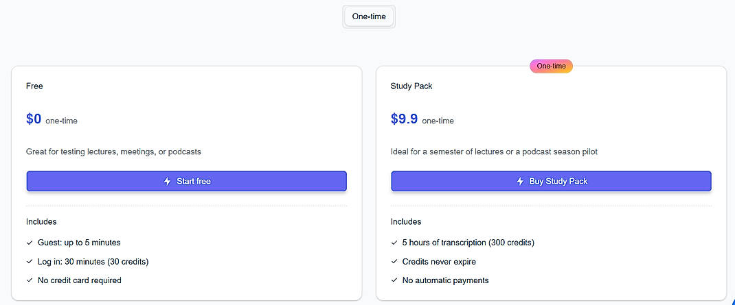 Pricing screenshot