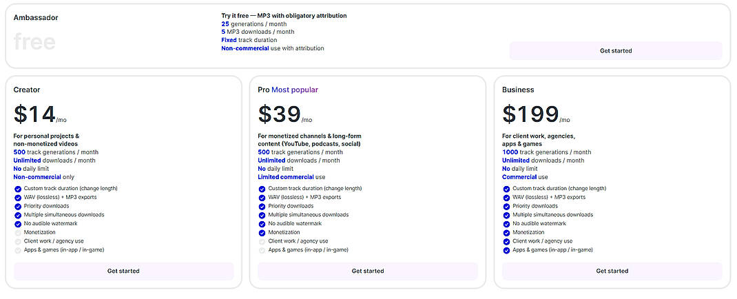 Pricing screenshot