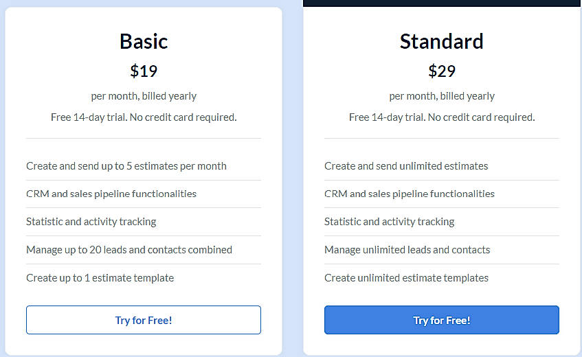 Pricing screenshot