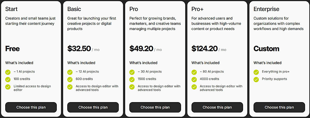 Pricing screenshot