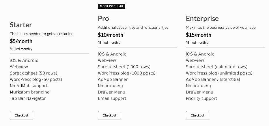 Pricing screenshot