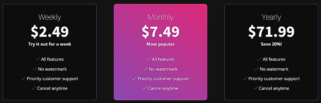 Pricing screenshot