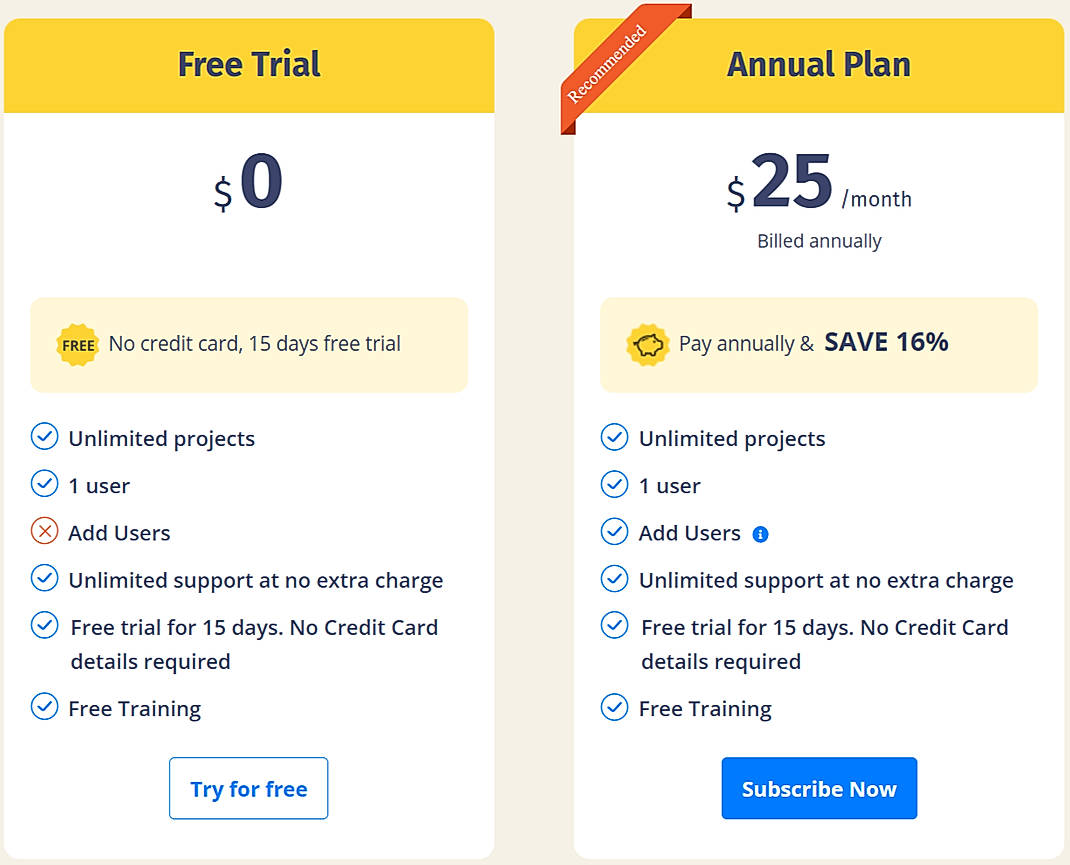 Pricing screenshot