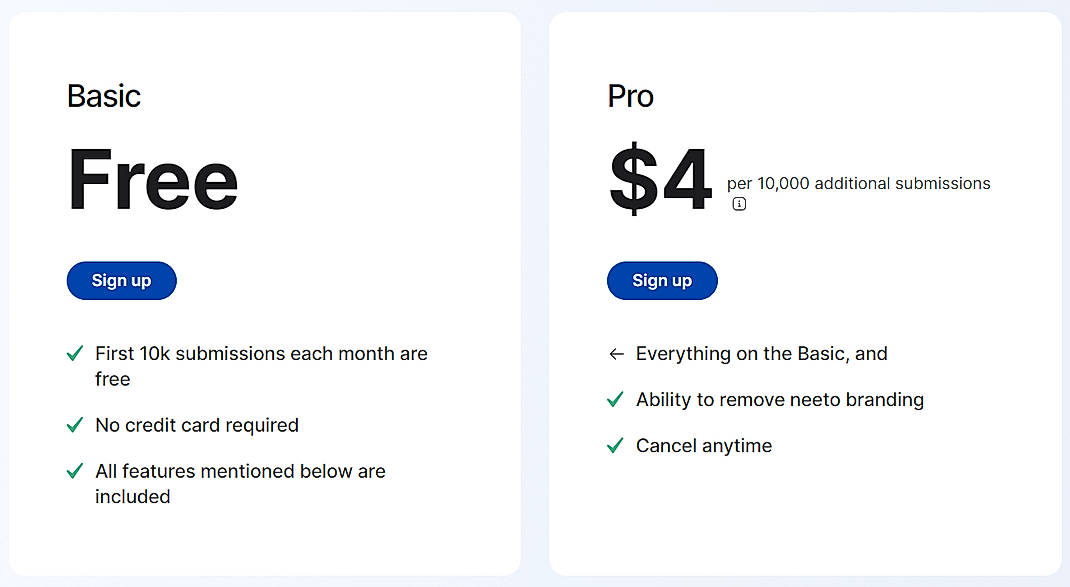 Pricing screenshot