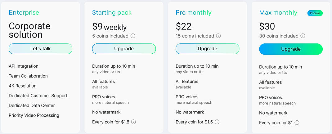 Pricing screenshot