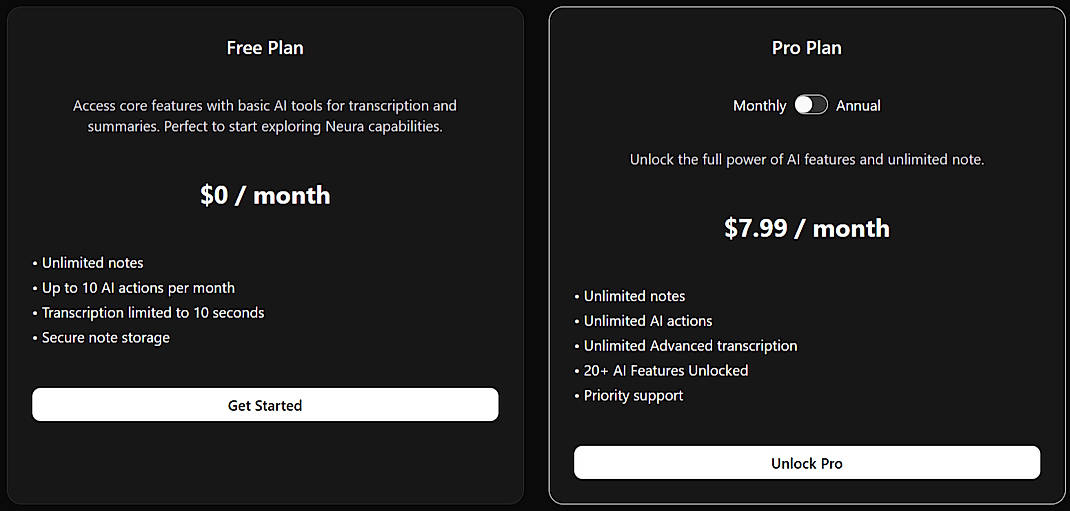 Pricing screenshot
