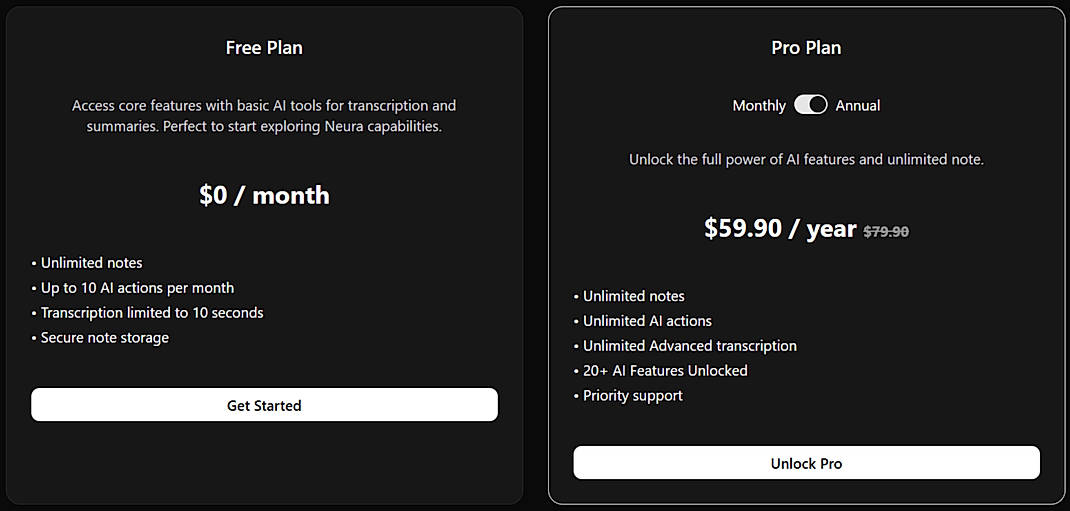 Pricing screenshot