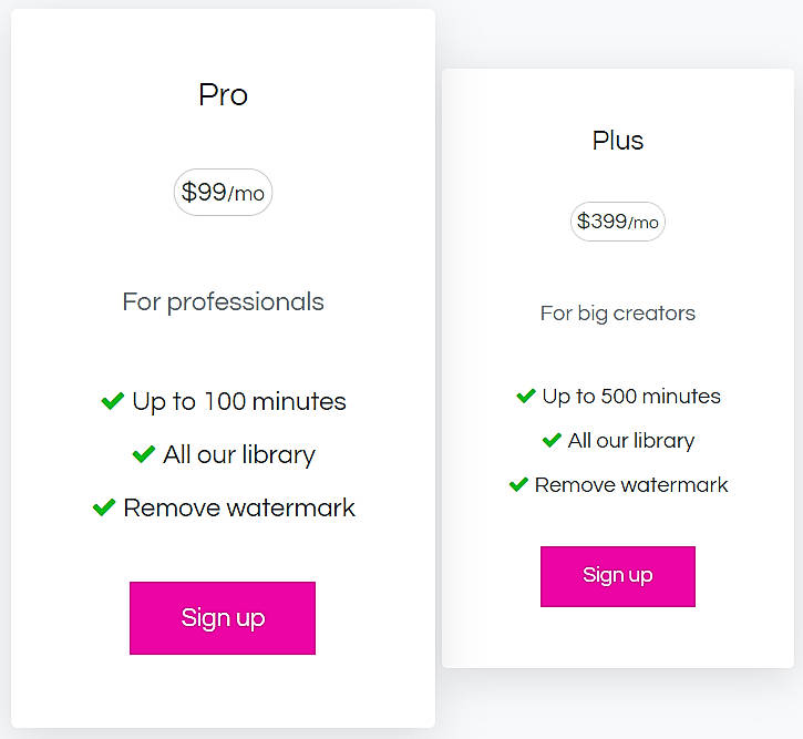 Pricing screenshot
