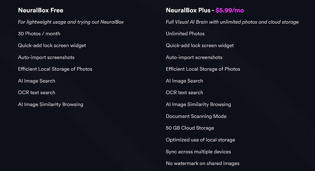 Pricing screenshot