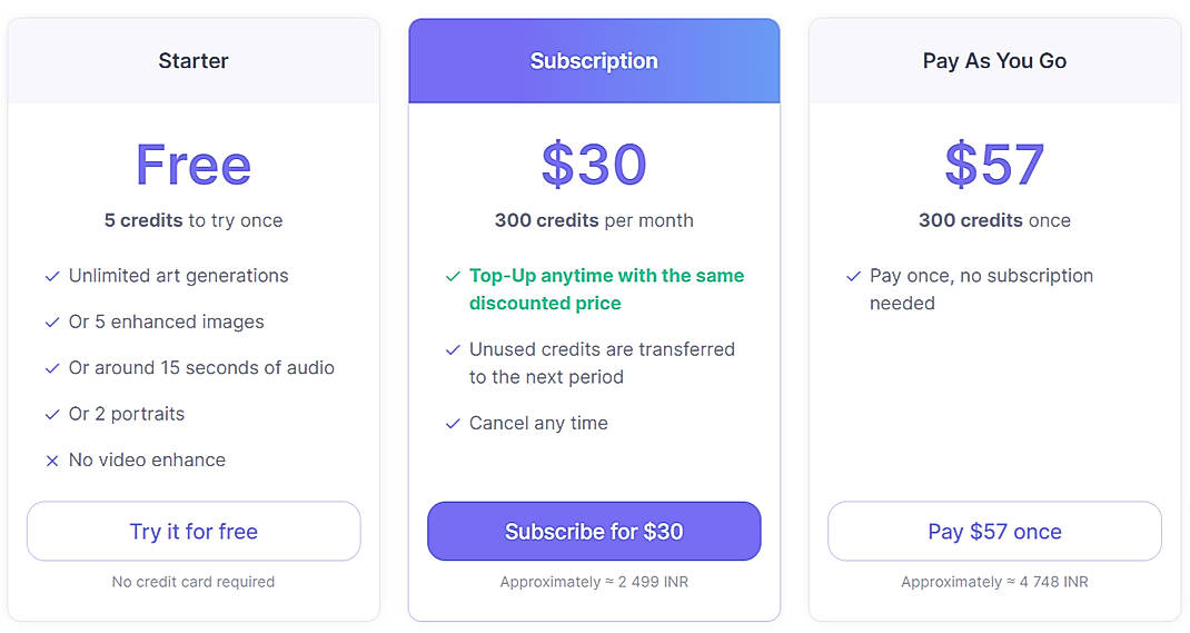 Pricing screenshot