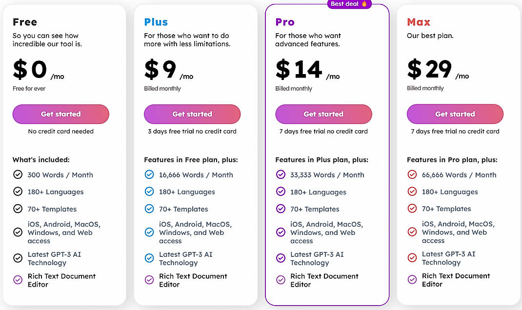 Pricing screenshot