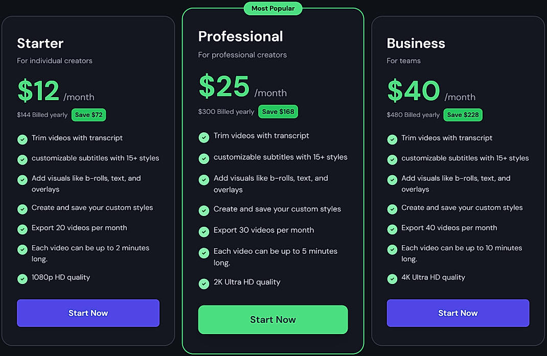 Pricing screenshot