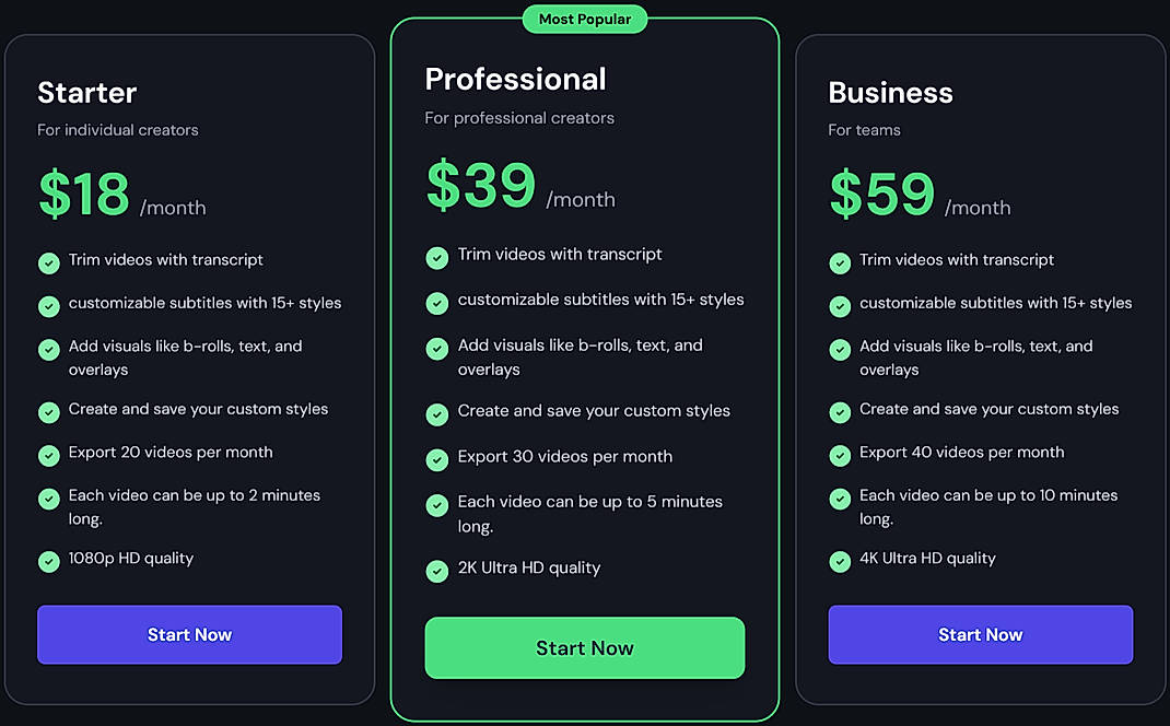 Pricing screenshot