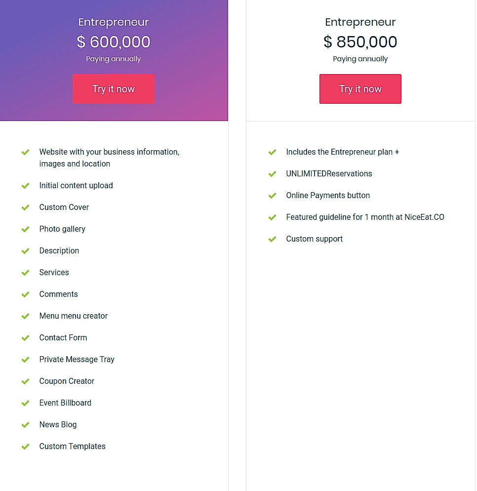 Pricing screenshot