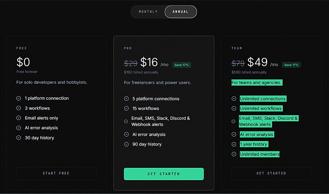 Pricing screenshot