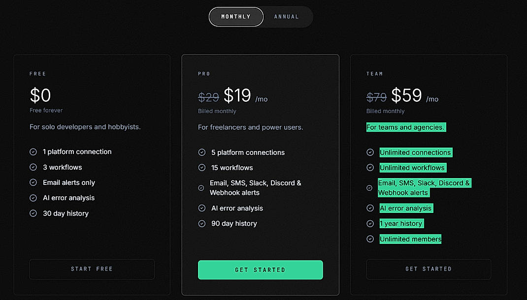 Pricing screenshot