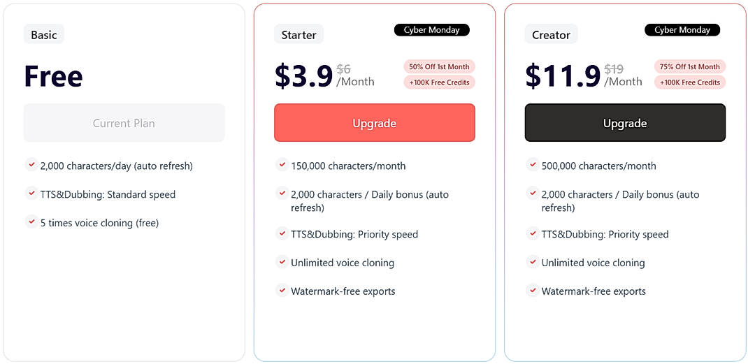 Pricing screenshot
