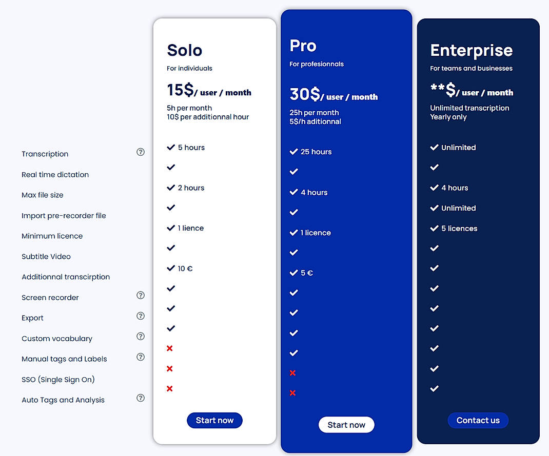 Pricing screenshot