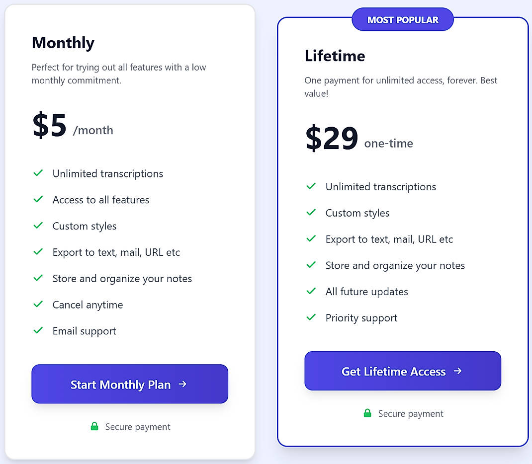 Pricing screenshot