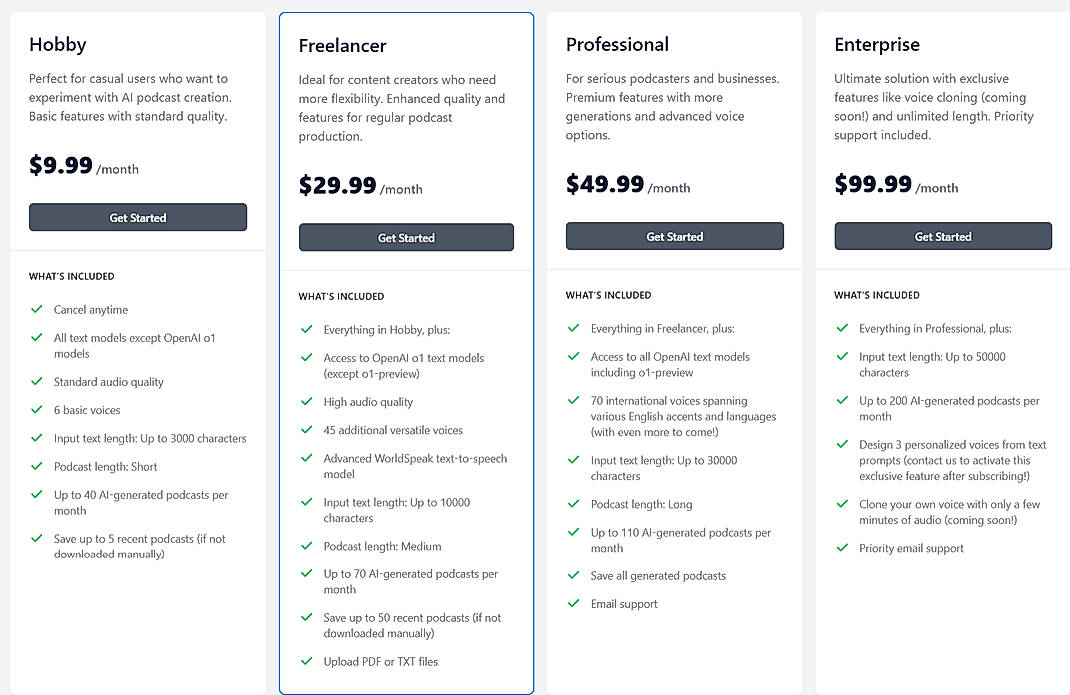Pricing screenshot