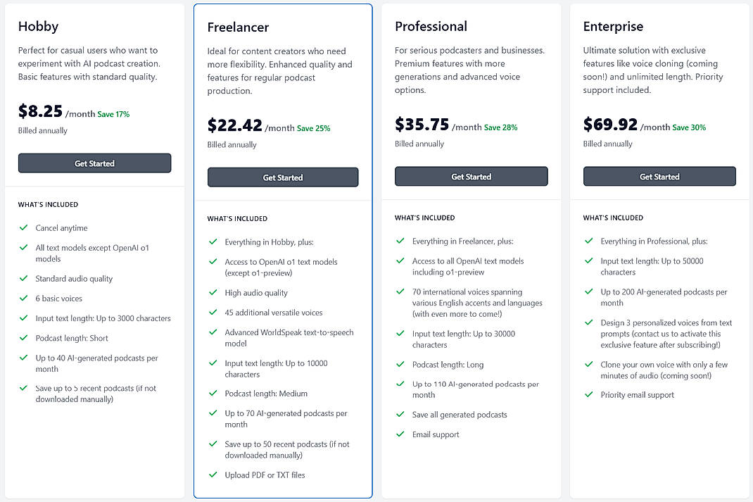 Pricing screenshot