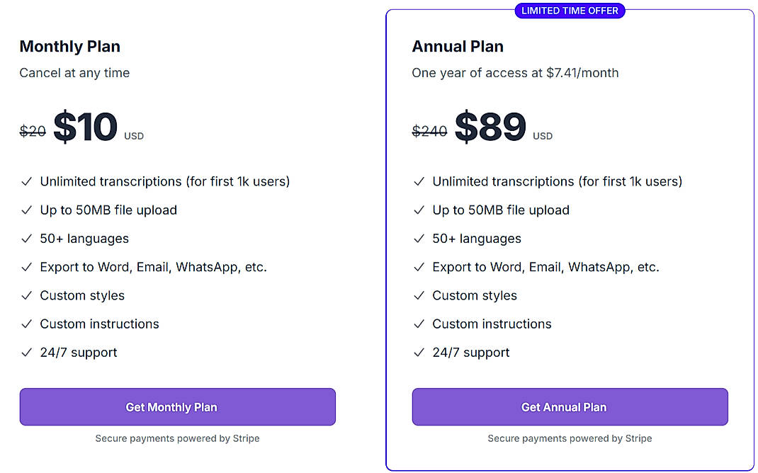 Pricing screenshot