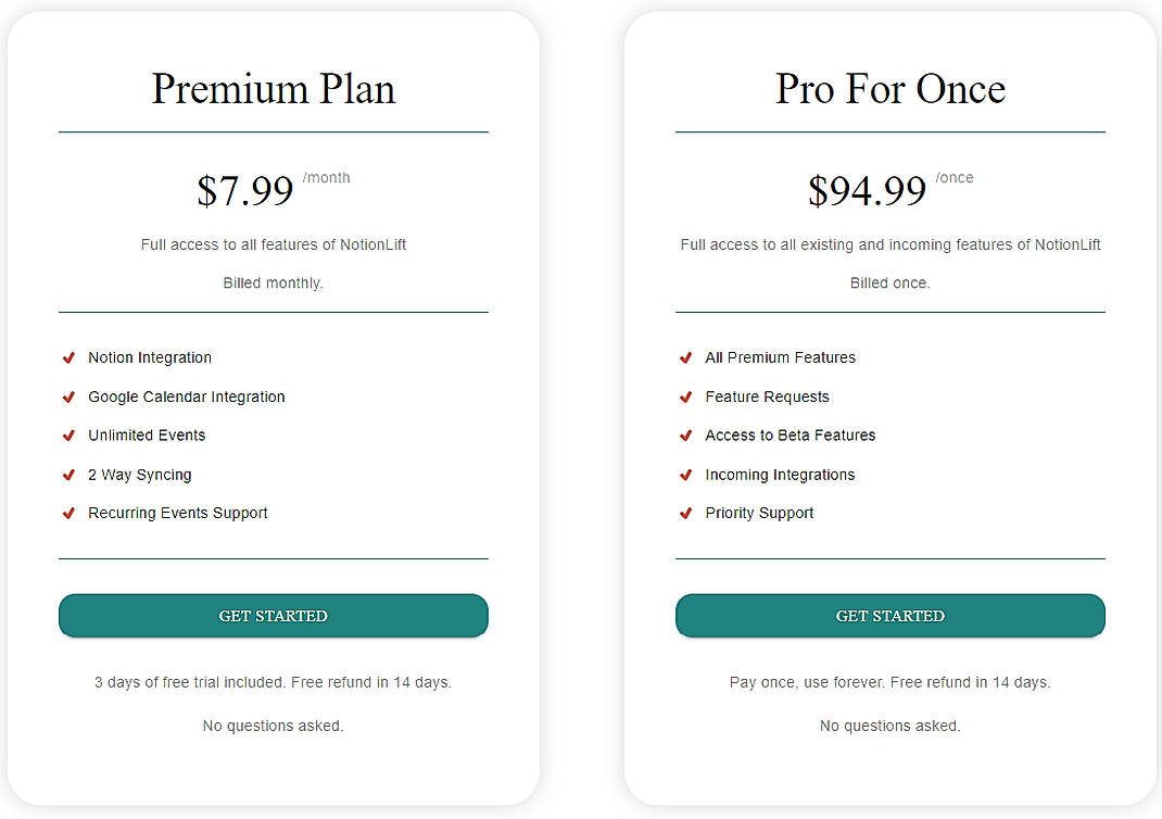 Pricing screenshot