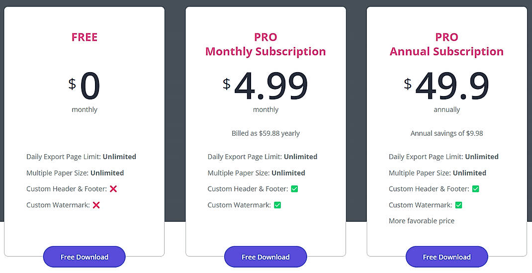 Pricing screenshot