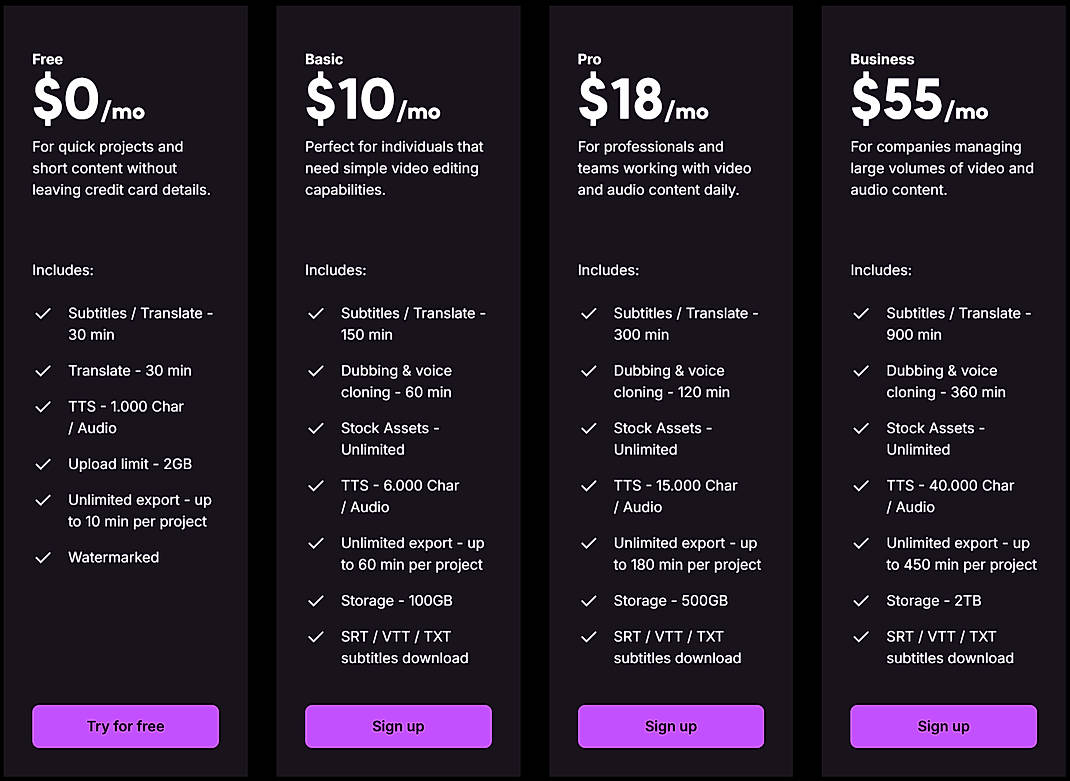 Pricing screenshot
