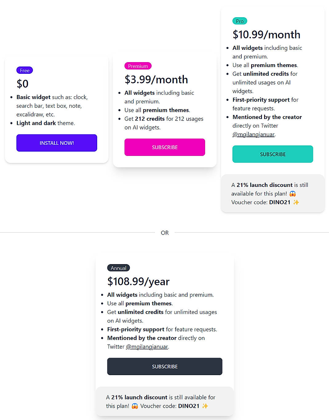 Pricing screenshot