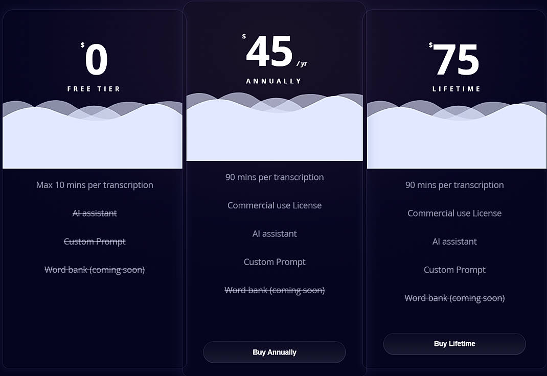 Pricing screenshot