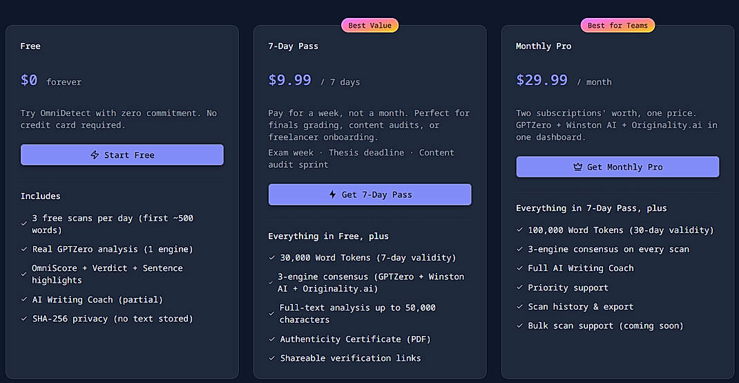 Pricing screenshot
