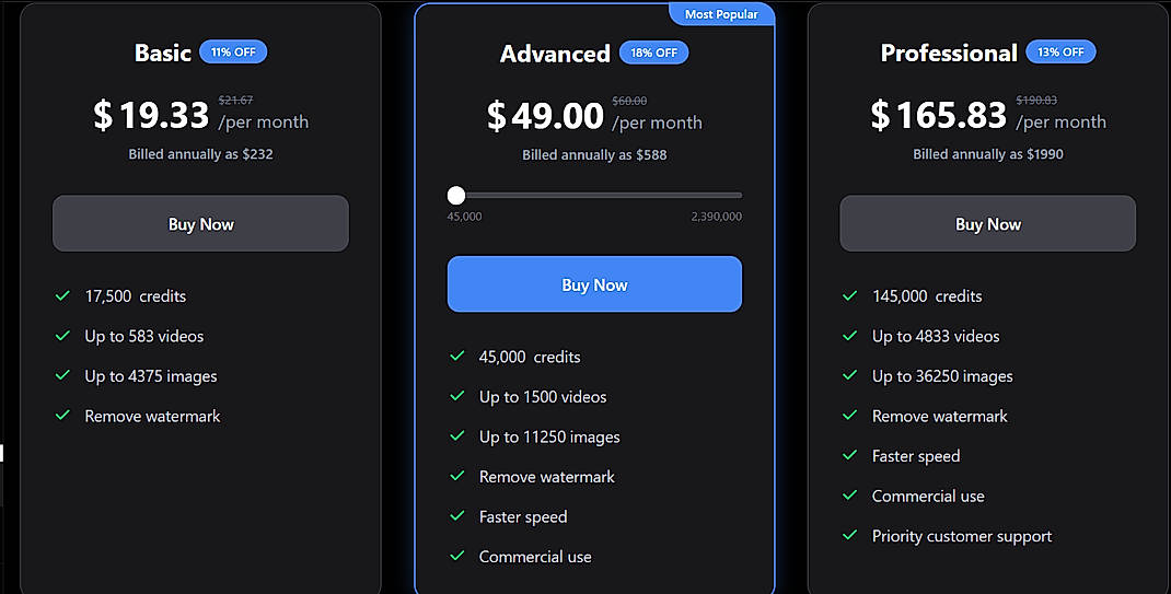 Pricing screenshot