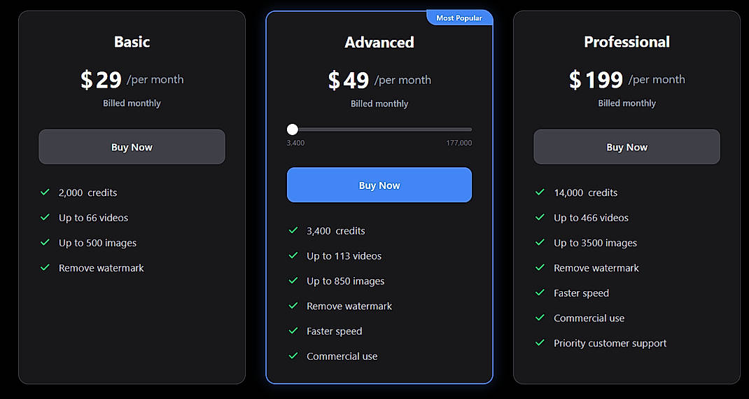 Pricing screenshot